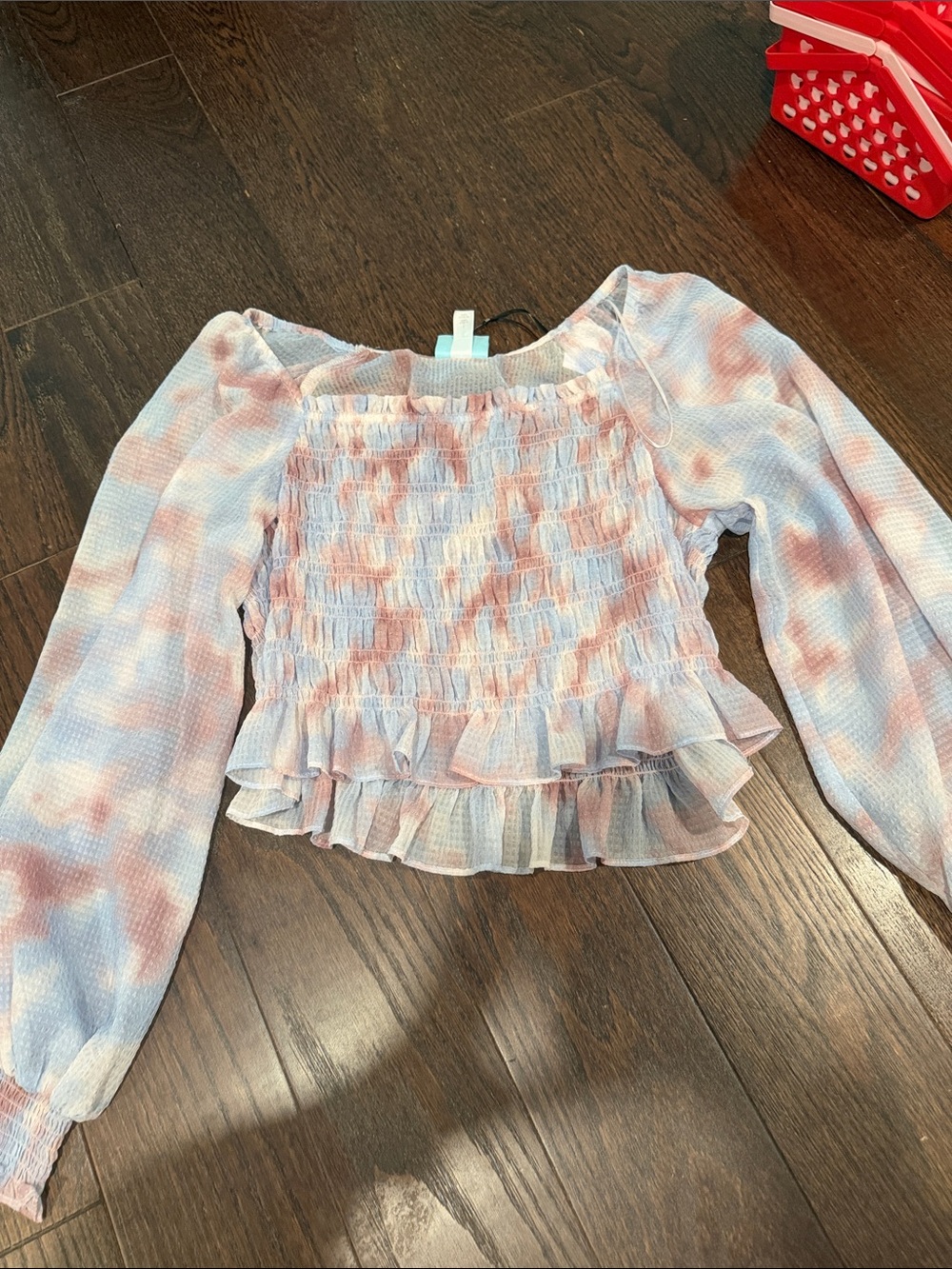 Smocked Long-Sleeve Ruffle Crop Top - Pink & Blue Tie-Dye